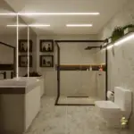 Visualização 3D de banheiro residencial pela Rabisco