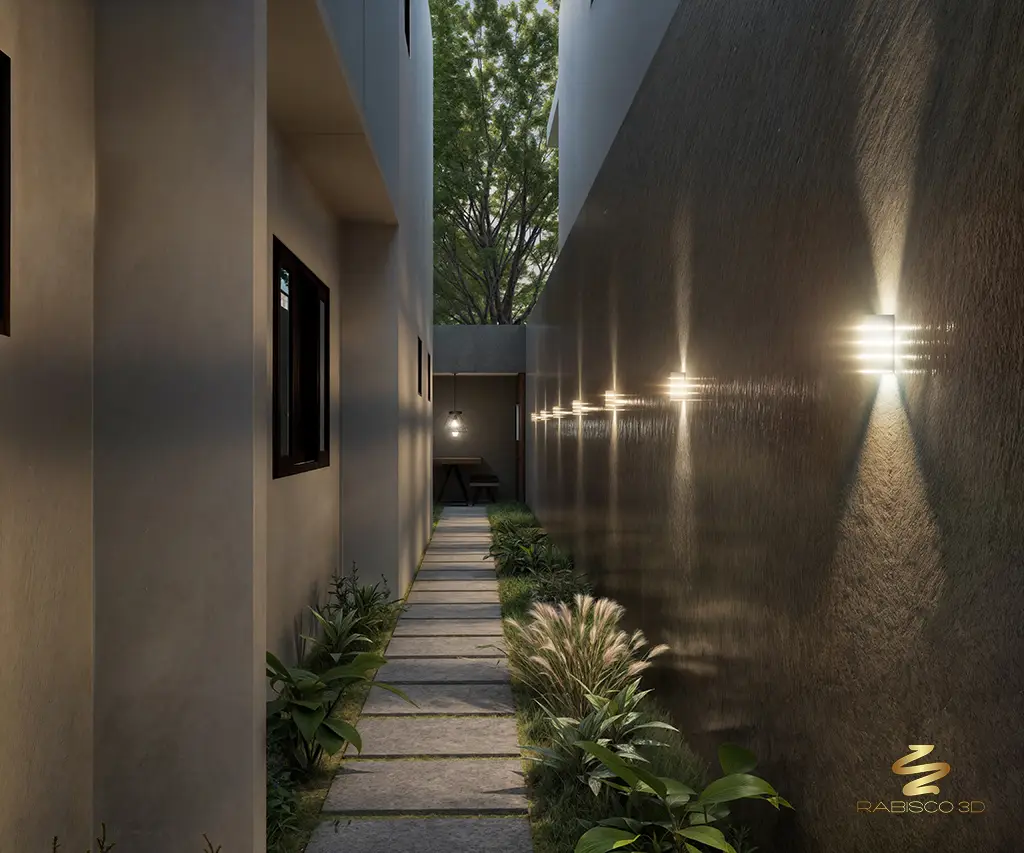 Visualização 3D de corredor externo de residencial pela Rabisco