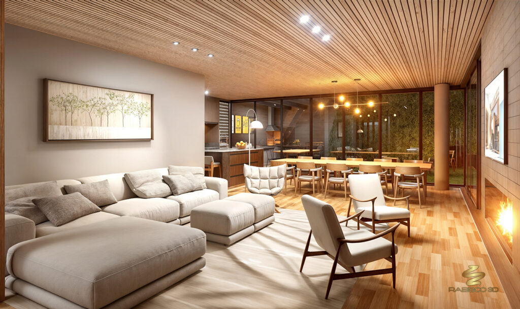 Visualização 3D de sala de estar residencial pela Rabisco
