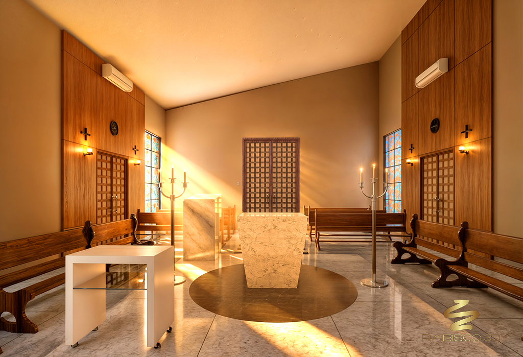 Visualização 3D de interior de igreja pela Rabisco
