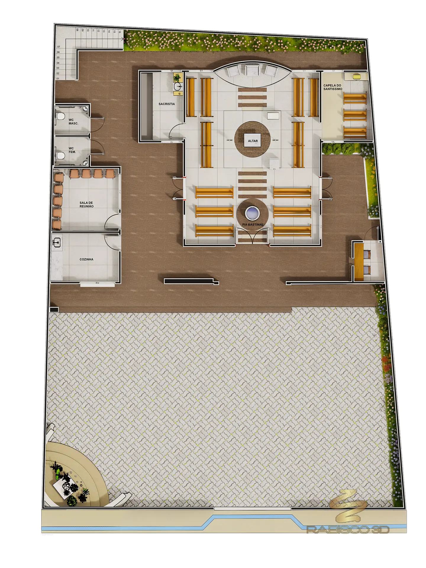 Visualização de planta humanizada de igreja pela Rabisco