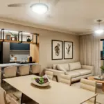 Visualização 3D de sala de estar e jantar pela Rabisco