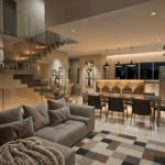 Visualização 3D de sala de estar e jantar pela Rabisco