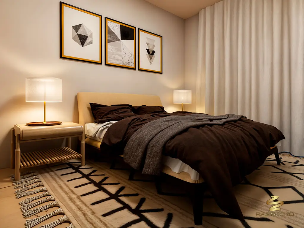Visualização 3D de suíte residencial pela Rabisco